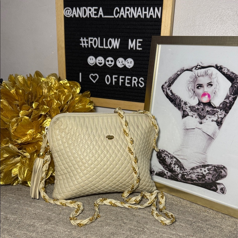 Bally Vintage Quilted Lambskin Crossbody Bag Tassel Gold Chain